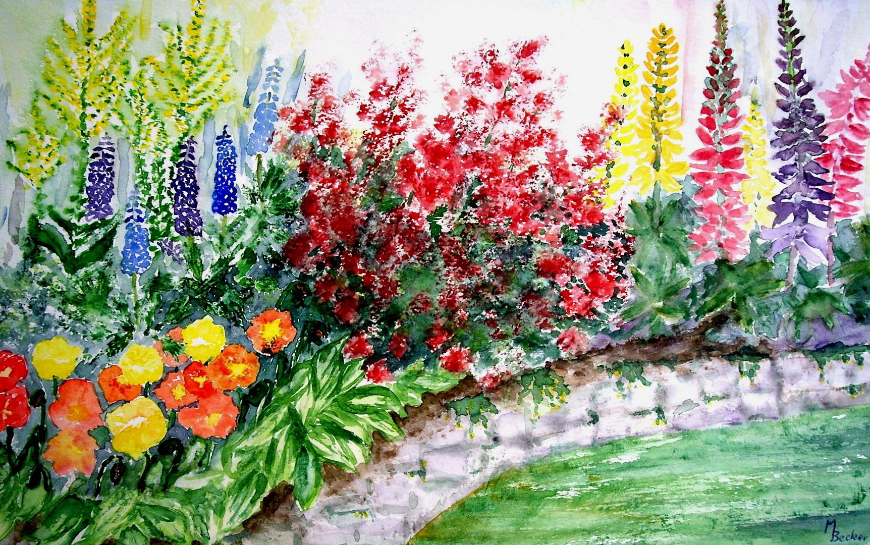 Das Aquarell zeigt einen naturgemäßen Garten mit unterschiedlichen Blumen // The drawing shows a natural garden with different flowers