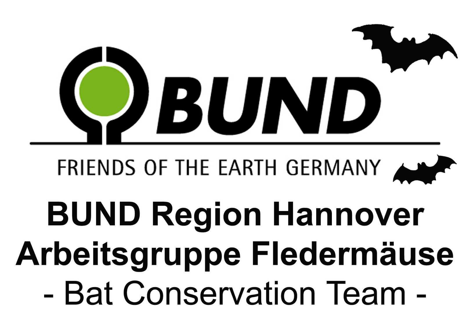Das Foto zeigt das Logo AG Fledermäuse BUND Region Hannover ein grüner Kreis im schwarzen Ring. der grüne Kreis ist die Erde und der Ring der Schutz des BUND für Umwelt und Naturschutz Deutschland