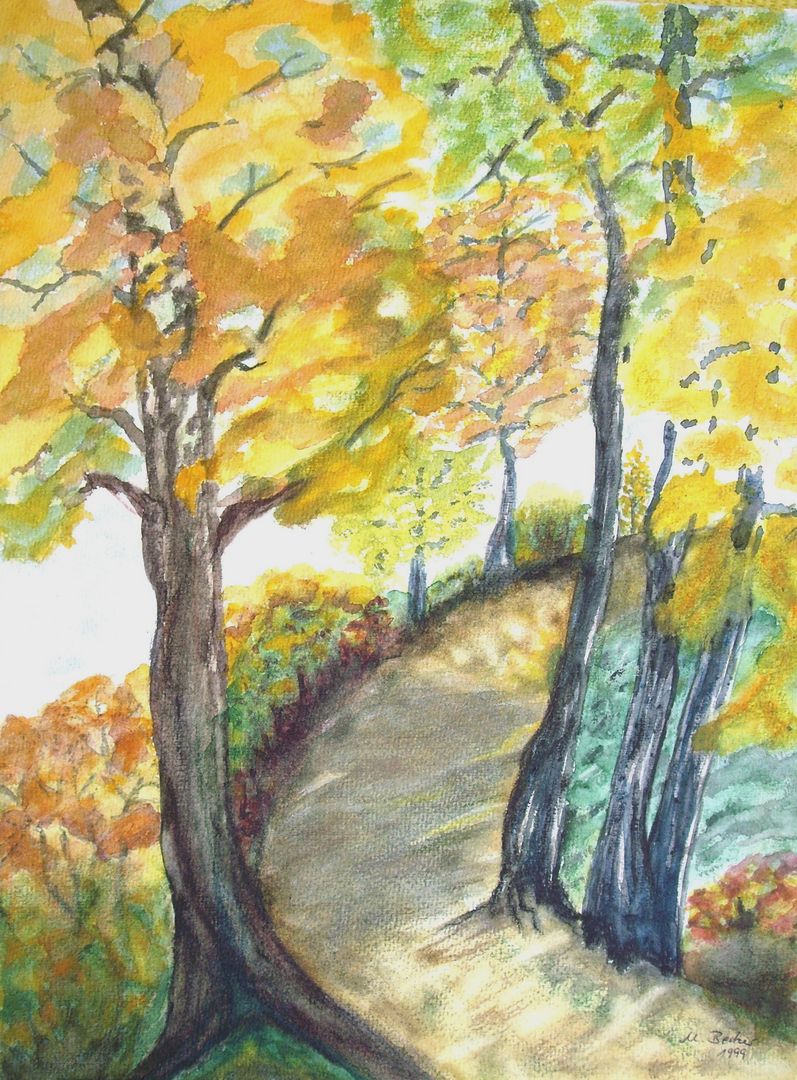Das Aquarell zeigt eine Allee im Herbst gemalt von Margarete Becker // The watercolor shows an avenue in Autumn painted by Margarete Becker