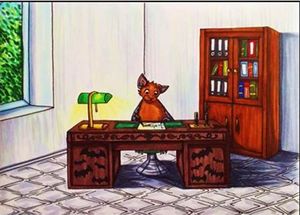 Die Zeichnung zeigt BUNDchen Fledermaus, der am Schreibtisch arbeitet // the drawing shows BUNDchen bat working at the desk