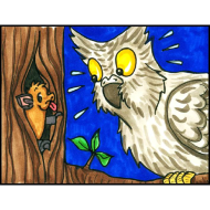 Die Zeichnung zeigt BUNDchen Fledermaus in einer Baumhöhle, davor sitzt eine Eule und staunt, dass die Baumhöhle schon von BUNDchen besetzt ist. 