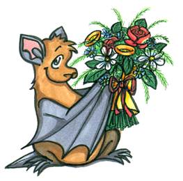 Die Zeichnung zeigt BUNDchen Fledermaus mit Blumen // The drawing shows BUNDchen bat with flowers