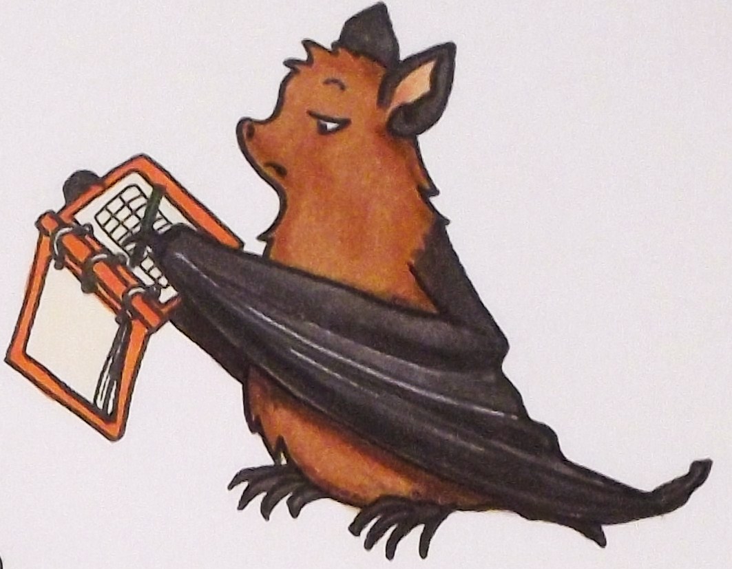 Die Zeichnung zeigt BUNDchen Fledermaus mit einer Stichwortliste in der Hand // the drawing shows BUNDchen bat with keyword list in his hands