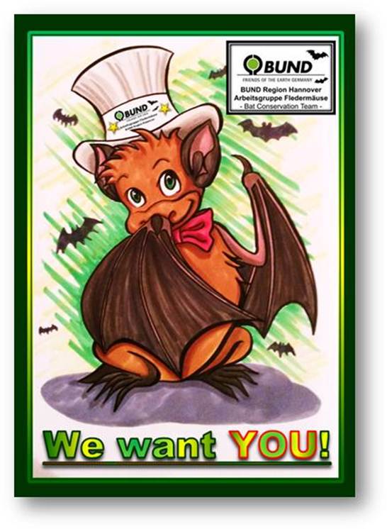 Die Zeichnung zeigt BUNDchen Fledermaus mit Hut und sagt We want YOU // The drawing shows BUNDchen bat with a hat and says We want YOU