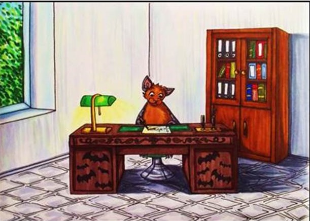 Die Zeichnung zeigt BUNDchen Fledermaus am Schreibtisch // The drawing shows BUNDchen bat at the desk